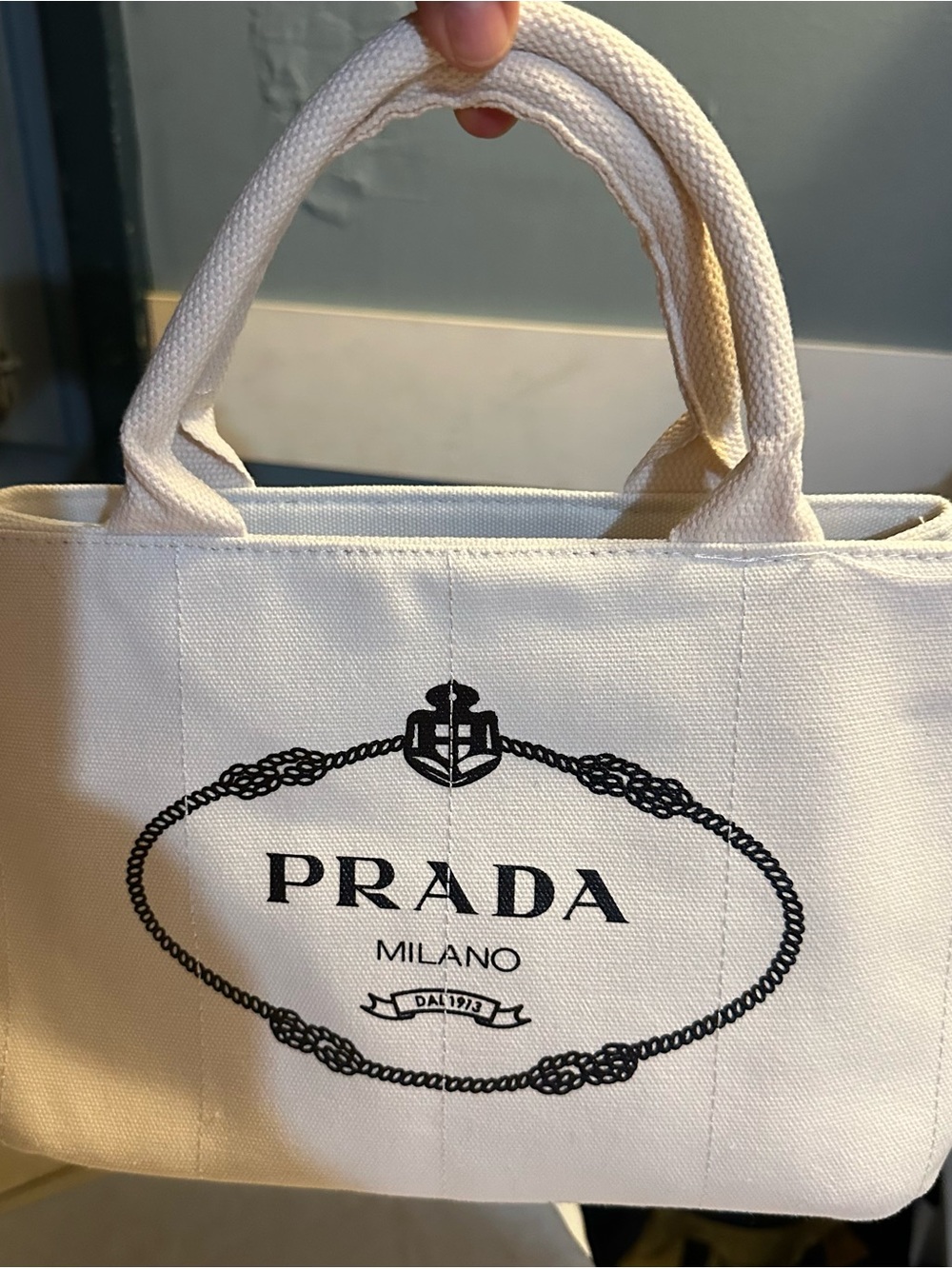 Prada Cream Canvas Tote with Black Logo